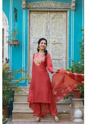 Rust Embroidery Silk Kurta Set