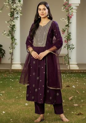 Purple Embroidery Blended Kurta Set