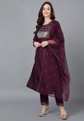 Purple Embroidery Silk Kurta Set