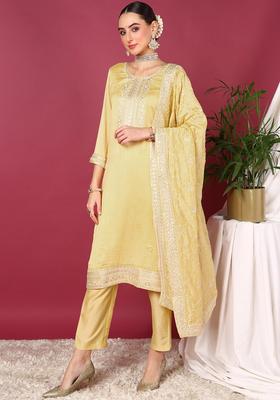 Yellow Embroidery Silk Kurta Set