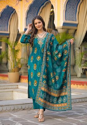Teal Printed Viscose Kurta Set