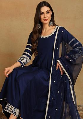Navy Blue Embroidery Silk Kurta Set