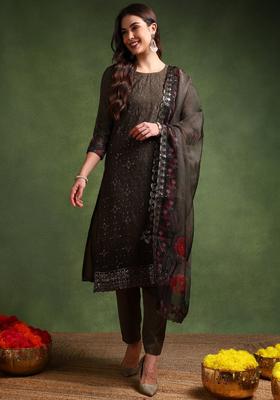 Olive Embroidery Organza Kurta Set
