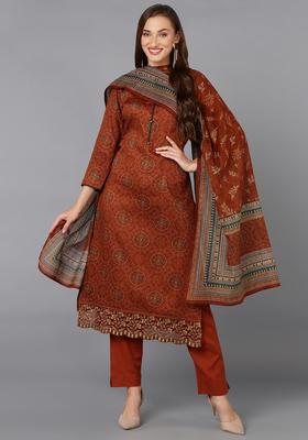 Rust Floral Print Blended Kurta Set