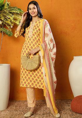 Yellow Floral Print Blended Kurta Set