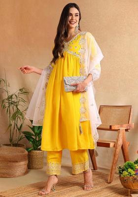 Yellow Embroidery Silk Kurta Set