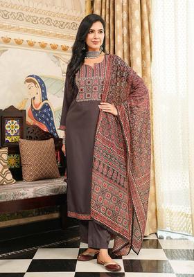 Brown Printed Rayon Kurta Set