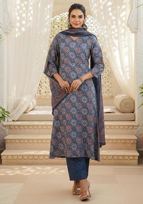 Blue Printed Rayon Kurta Set