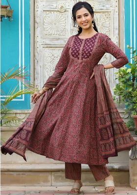 Maroon Printed Rayon Anarkali Set