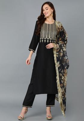 Black Embroidery Silk Kurta Set