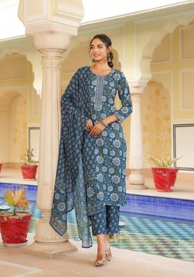 Blue Floral Print Rayon Kurta Set
