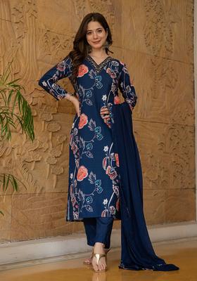 Navy Blue Floral Print Rayon Kurta Set