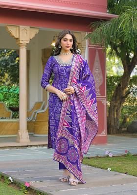 Purple Printed Viscose Kurta Set