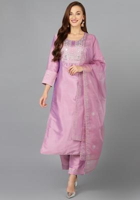 Lavender Embroidery Blended Kurta Set