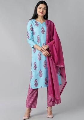 Blue Printed Silk Kurta Set