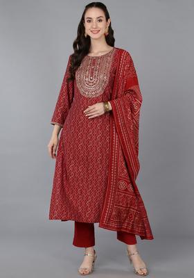 Red Embroidery Silk Kurta Set