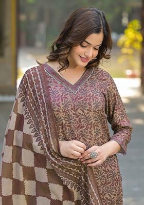 Brown Floral Print Rayon Kurta Set