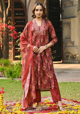 Red Floral Print Rayon Kurta Set