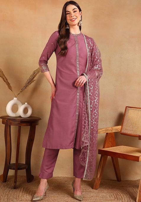 Pink Embroidery Silk Salwar Suit Set — view on Indya