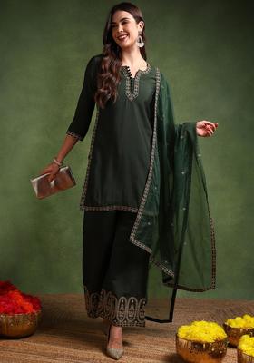 Green Embroidery Blended Kurta Set