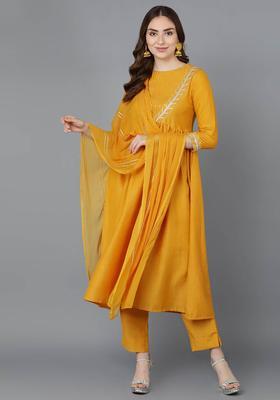 Mustard Solid Silk Anarkali Set