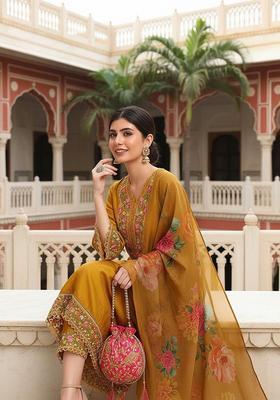 Mustard Floral Print Blended Kurta Set