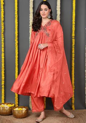 Orange Embroidery Blended Anarkali Set