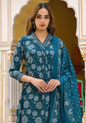 Blue Floral Print Rayon Kurta Set