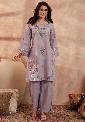 Lavender Floral Print Cotton Kurta Set