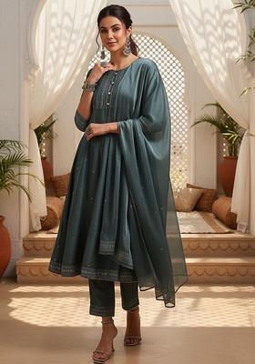 Green Printed Silk Kurta Set