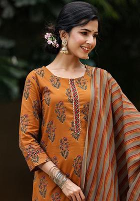 Burnt Orange Printed Rayon Kurta Set