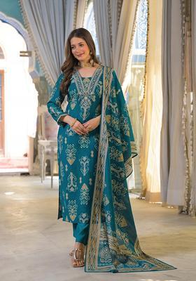 Blue Printed Viscose Kurta Set