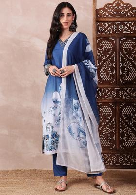 Blue Floral Print Rayon Kurta Set