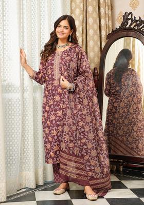 Brown Floral Print Rayon Kurta Set