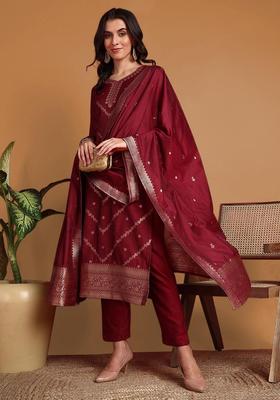 Maroon Floral Print Blended Kurta Set