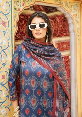 Blue Printed Rayon Kurta Set