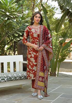 Brown Floral Print Viscose Kurta Set