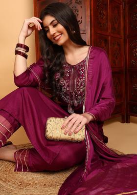 Purple Embroidery Silk Kurta Set