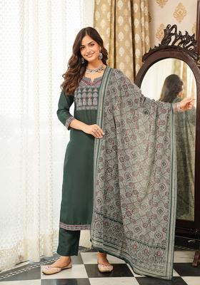 Green Printed Rayon Kurta Set