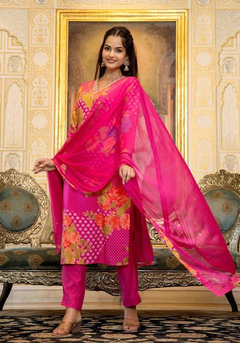 Pink Floral Print Blended Salwar Suit Set — view on Indya