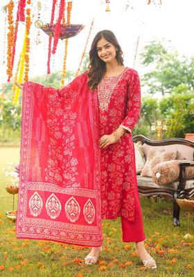 Red Floral Print Viscose Kurta Set