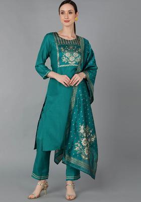 Green Woven Silk Blend Kurta Set
