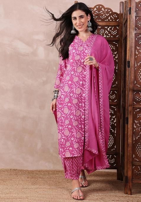 Pink Floral Print Blended Salwar Suit Set — view on Indya