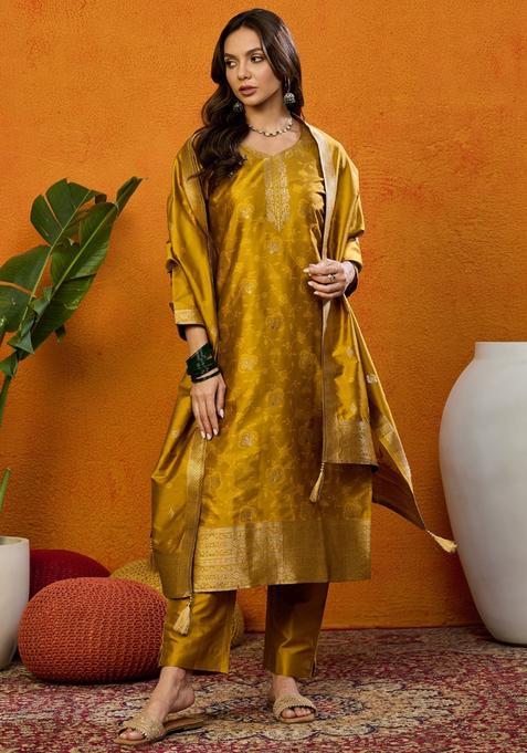 Mustard Floral Print Blended Salwar Suit Set — view on Indya