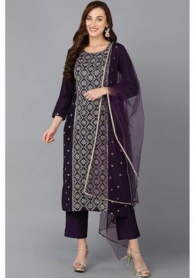 Purple Embroidery Silk Kurta Set