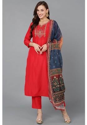 Red Solid Silk Blend Kurta Set