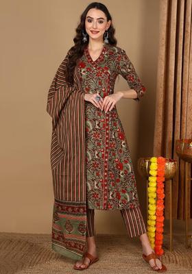 Green Printed Cotton Kurta Set