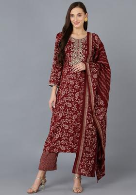 Wine Red Printed Silk Kurta Set