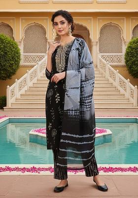Black Printed Blended Kurta Set