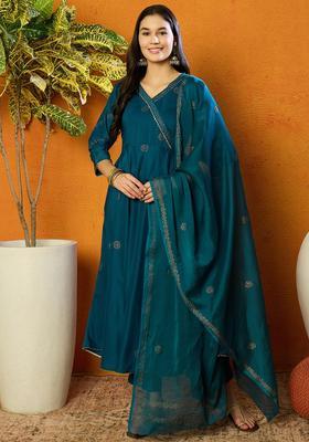 Teal Printed Blended Kurta Set